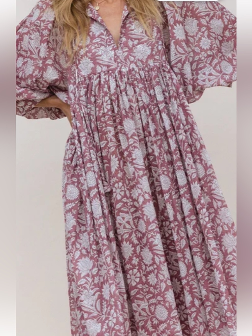 Daughters of India Dusty Mauve Floral Midi Dress Sz 3XL-100% Cotton